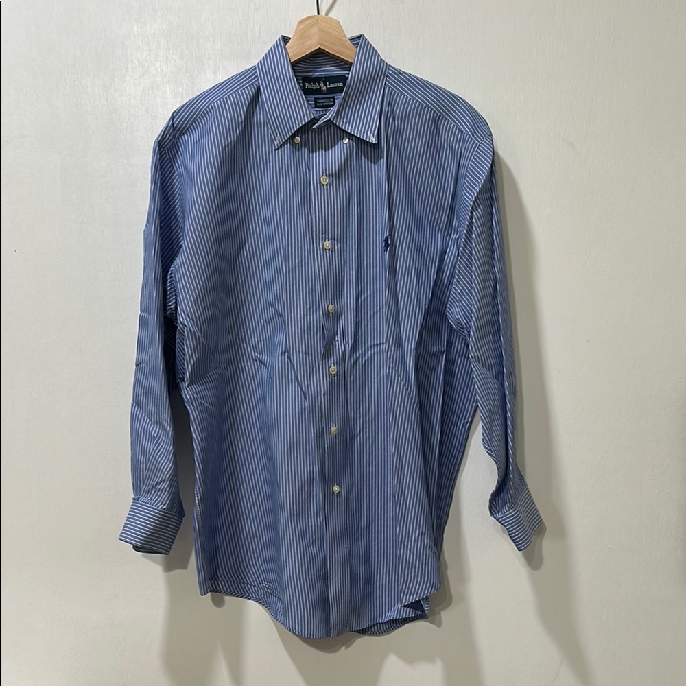 RALPH LAUREN MENS BLUE PINSTRIPE BUTTON DOWN SHIRT YARMOUTH Sz 16 1/2
